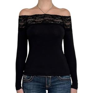 Sup-Coente Gothic T Shirts for Women Goth Black Long Sleeve Off The Shoulder Y2k (Small)