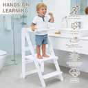 Foldable Toddler Learning Standing Tower, WOOD CITY Montessori Kitchen Step Stool Helper with 3 Adjustable Heights Learning Kitchen Tower (White)