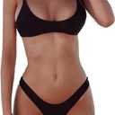 SherryDC Women's Solid Scoop Neck Push Up Padded Brazilian Thong Bikini Swimsuit, Black, (US 2-4) S