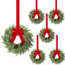 6 Pcs Small Christmas Norfolk Wreaths 15 Inch Christmas Kitchen Cabinet Mini Wreath Real Touch with Bow Ribbon Cedar Red Berry for Xmas Front Door Window Chair Fireplace Table Pillar Farmhouse Decor