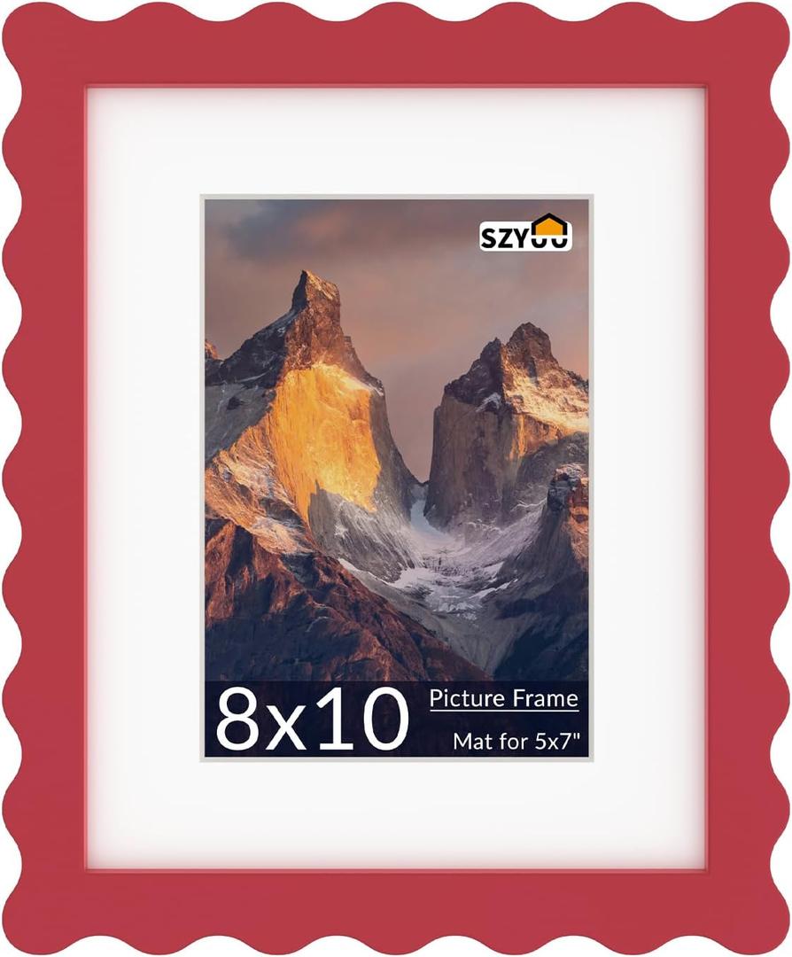 8x10 Wavy Picture Frame with Mat for 5x7, Real Glass and Wooden Frame - Tabletop or Wall Hanging Photo Frame(1 Pack, Red)