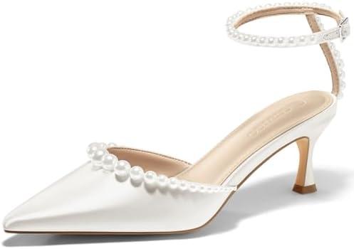 Coutgo Womens Pearl Kitten Heels Closed Pointed Toe Wedding Bride Dress Shoes Ankle Strap Satin Pumps, White, Size 7.5