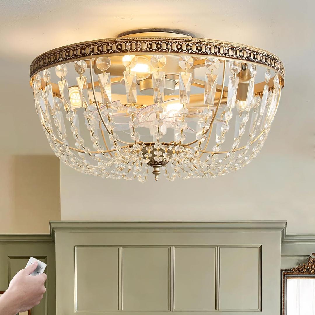 20" Flush Mount Fandelier Ceiling Fan with Light, Crystal Gold Fandelier Ceiling Fan with Light Remote Control, Vintage French Country Caged with 6 Speeds for Bedroom, Living Room, Foyer, Nursery