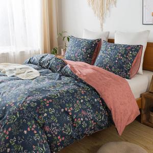 HoneiLife Queen Duvet Cover Set - 100% Cotton Floral Duvet Cover Sets,Soft & Breathable with Zipper Closure & Corner Ties,3pcs Wildflower Comforter Cover Sets- Flower Sea (Queen/Full-90"x90", Navy Blue)