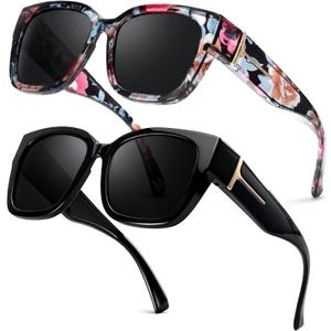 LVIOE 2 Pack Polarized Fit Over Sunglasses for Women Men Oversized Square Over Glasses Sunglasses with UV Protection LS7511 (A14 (2 Pack) Black/Grey+floral/Grey)