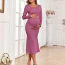 2025 Fall Maternity Dress Faux Two-Piece Long Sleeve Square Neck Mermaid Bodycon Pregnancy Dresses Casual Baby Shower (Pink, S)