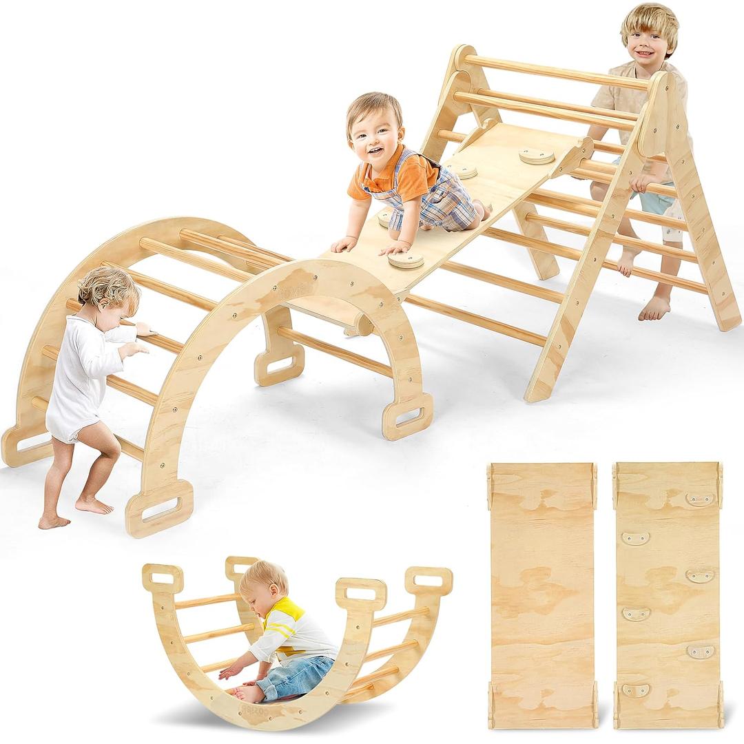 CoziBB Pikler Triangle Set, 5 in 1 Wooden Baby Climbing Toys, Indoor Playground for Kids, Foldable Toddler Climbing Toys with Ramp, Arch Climber, Montessori Climbing Set Gym for Kids 2-5 Years