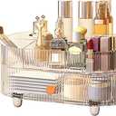 DASITON Makeup Organizer with Drawer,6 Slots Stackable Makeup Brush Holder,Skincare and Cosmetic Organizer for Bathroom Vanity Countertop Makeup Storage for Cosmetics,Brushes,Lipstick and Jewelry (1 Tray + 1 Drawer, Clear)