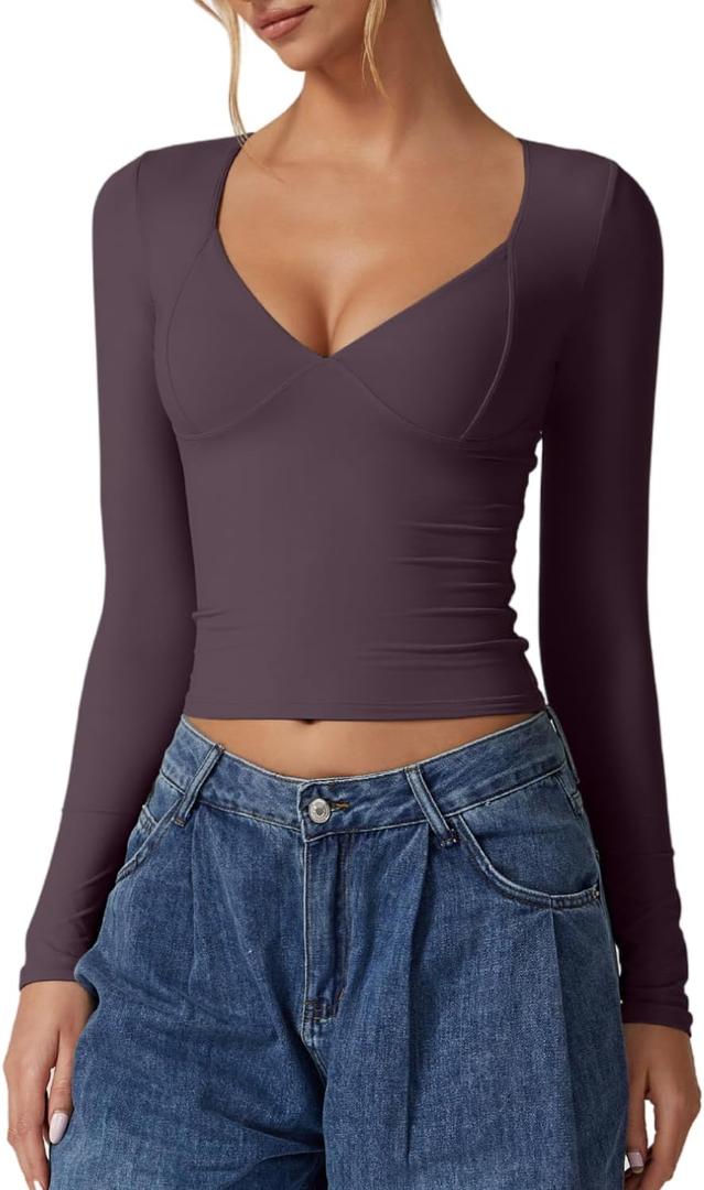 QINSEN Women's Long Sleeve V Neck T Shirts Double Lined Crop Top Seamed Cup Going Out Tops (Medium, Prune Purple)