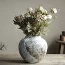 Rustic Ceramic Circular Flower Vase, Vintage Floor Tall Vases Farmhouse Decor for Living Room Entryway Table Centerpieces, Kitchen, Wedding Gift (Short, White)