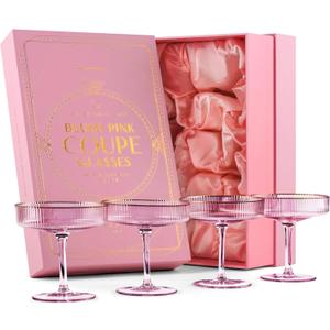 GLASSIQUE CADEAU Vintage Art Deco Blush Pink Coupe Glasses with Gold Rims | Set of 4 | 7 oz Crystal Ribbed Cocktail Glassware for Drinking Champagne, Martini, Cosmopolitan | Girly Speakeasy Saucers