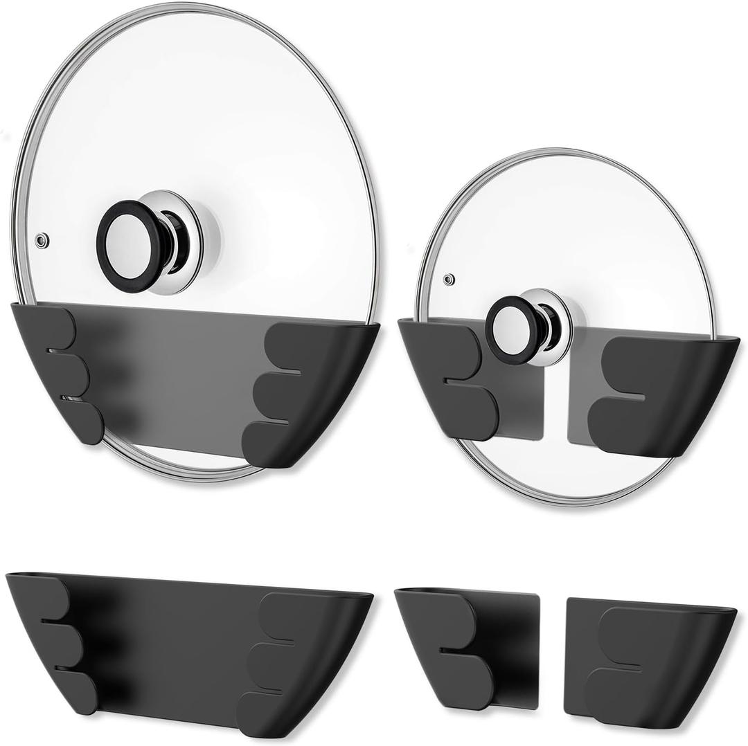 Universal Adjustable Pot Lid Holder Organizer for Cabinet - Upgraded Patented Niceyos 4 Pack Pan Lids Organizers Inside Cabinet Door Wall Mount Pots Top Rack for Kitchen Cupboard Fit 6" to 13" (Black)