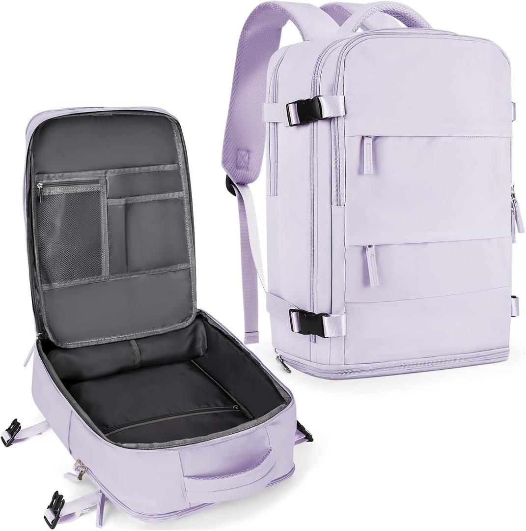 coowoz Large Travel Backpack For Women Men,Carry On Flight Approved,Hiking Waterproof Outdoor Sports Rucksack Casual Daypack Fit 15.6 Inch Laptop Shoes Compartment (Purple) (30L)