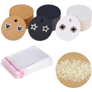 XXUOD 600 Pieces Display Cards Set, 150 Round Cardboard Earring Holder With 150 Self-Seal Bags and 300 Backs for Ear Studs - 3 Colors