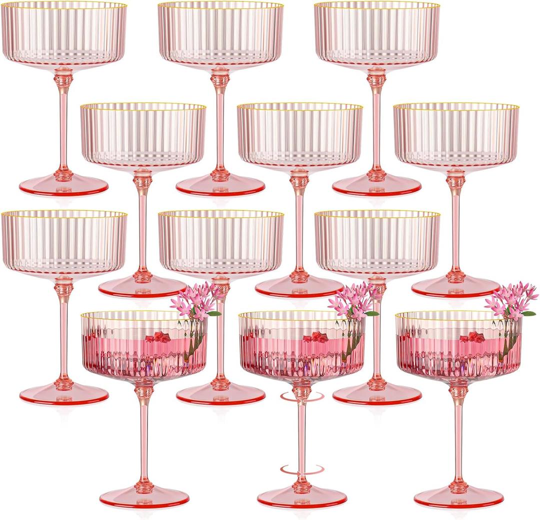 12 PCS Ribbed Coupe Glasses Pink Plastic Champagne Coupe Cup 10oz Detachable Gold Rim Espresso Martini Glass Vintage Margarita Glassware Cocktail Glass for Wedding Bachelorette Party