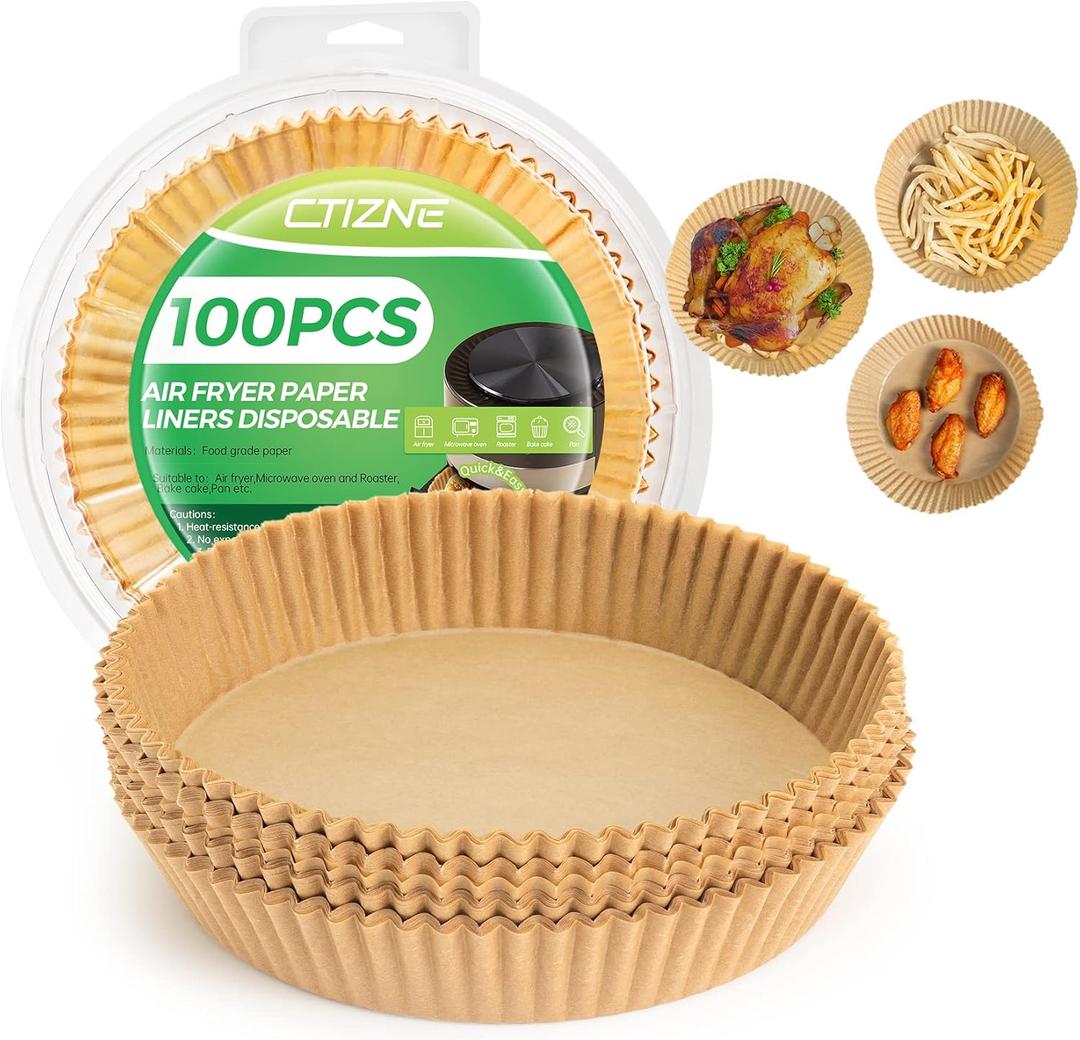 Air Fryer Paper Liner Disposable: 100PCS 8 Inch Airfryer Insert Parchment Paper Sheets, Grease and Water Proof Non Stick Basket Liners for Baking Cooking Roasting from ctizne (8"Round)