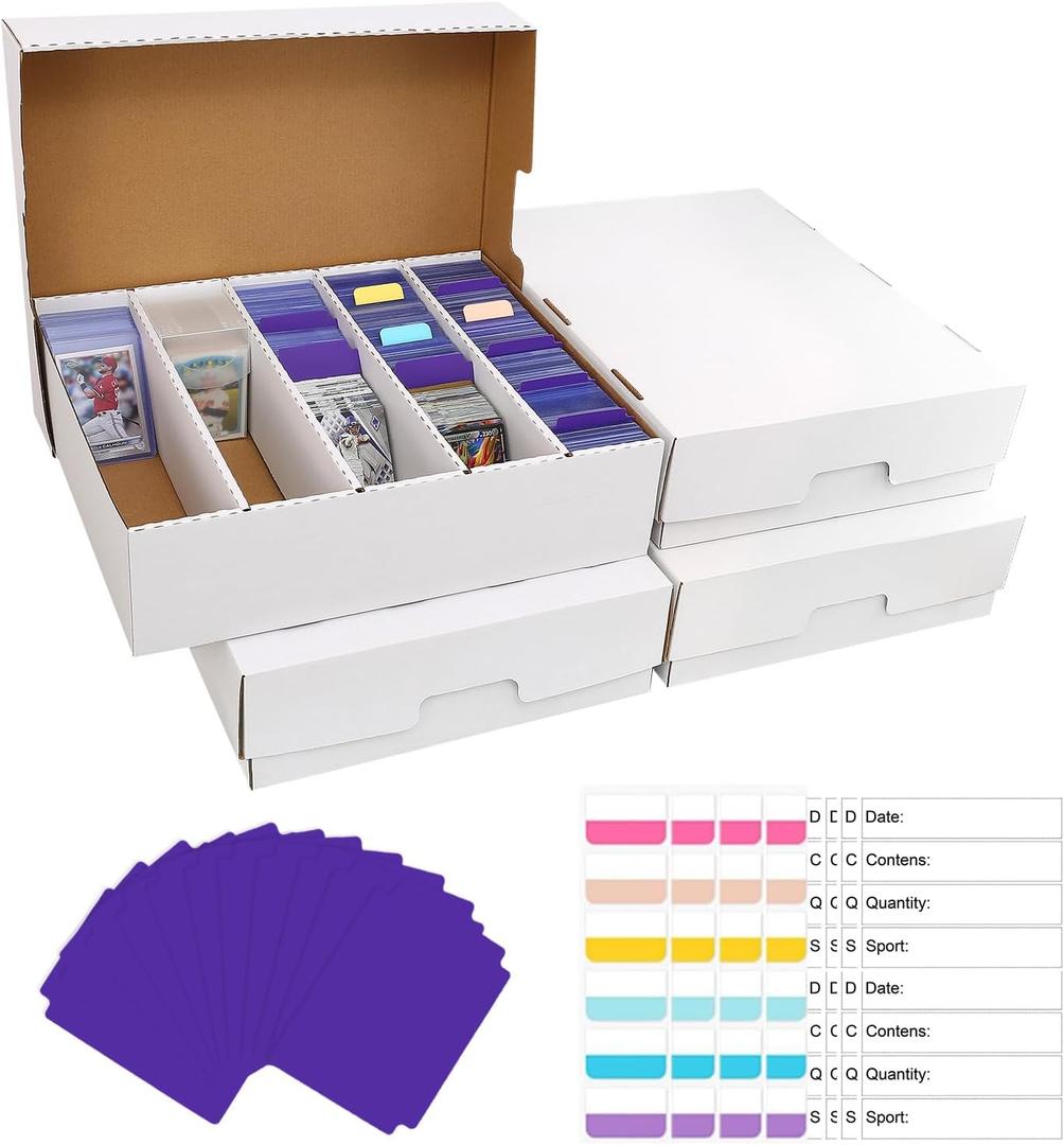 5 Row Trading Card Storage Box,3950-count Cardboard Storage Box with 32 Pcs Dividers+48 Pcs index Labels for Mtg, Tcg, Sports Cards (4 Pack-Large)