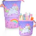 2 x Standing Pencil Case for Kids - Back to School Stuff, Cute Unicorn Telescopic Zipper Pencil Case Aesthetic, Large Capacity Stand up Pen Bag, Portable Pen Holder, Study Supplies for Students