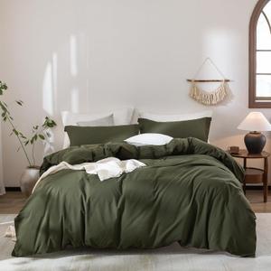 Olive Green Duvet Cover California King Size, 100% Washed Cotton Bedding Set Cover 1 Duvet Cover 104inch x 98inch with Zipper Closure and 2 Pillowcases, Olive Green