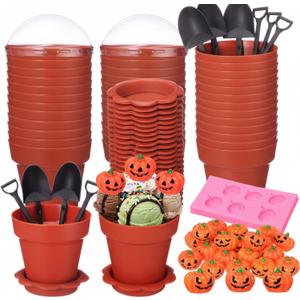 Maxdot 24 Pack Halloween Flowerpot Dessert Cup with Lids and Shovel Spoon Bottom Tray Halloween Cake Decoration Mold Small Flowerpot Cups Dessert Ice Cream Holder for Party DIY Supplies(Pumkin)