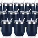 12 Pack Stainless Steel Wine Tumblers, 12Oz Double Wall Vacuum Insulated Wine Tumblers with Lids and Straws, Stainless Steel Stemless Wine Glasses for Coffee, Wine, Cocktails, Champaign, Navy Blue