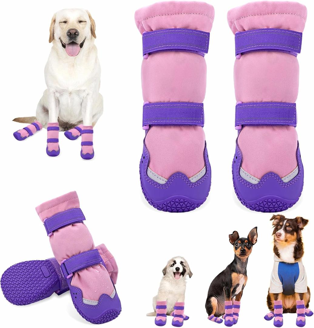 Dog Boots for Winter, Dog Snow Booties Fleece Lined for Medium Large Dogs, Waterproof Dog Shoes for Cold Weather, Anti-Slip Paw Protectors Booties for Outdoor Walking Hiking Hardfloors Size 6 (Purple)