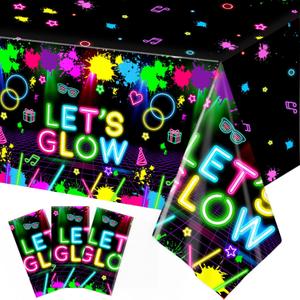 Oigco 3 Pcs Neon Tablecloth, Neon Party Decorations Let's Glow Table Cover for Birthday Glow in The Dark Party Supplies, 54 x 108 Inch