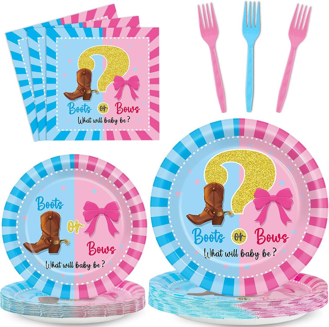 OBUSATT 96Pcs Boot or Bows Gender Reveal Party Decoration Boy or Girl Paper Plates Napkins Blue or Pink Supplies Boot or Bows Dinnerware Set Disposable Favor for Baby Shower Gender Reveal Serves 24