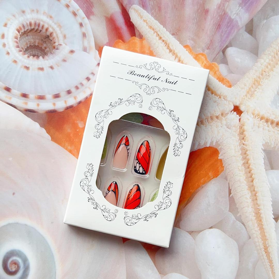 LPOODDNU Summer Ocean Press on Nails Almond 3D Effect Fake Nails with Exquisite Flower Butterfly Pearl Starfish Dolphin Designs Glossy Blue False Nail Tips Cute Glue on Nails for Women Manicure 24Pcs, Set of 5