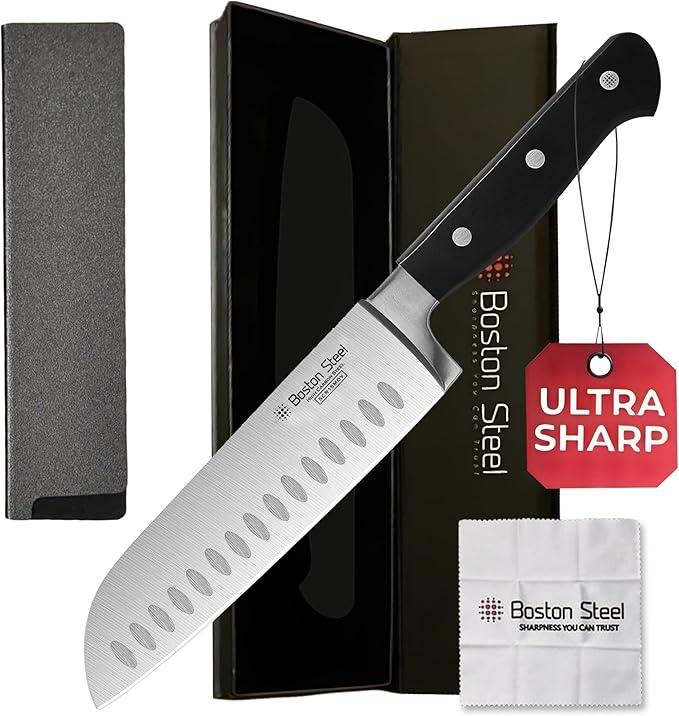 Boston Steel Santoku Knife 7 Inch – Ultra Sharp High Carbon Stainless Steel Kitchen Knife, Professional 7” Santoku Knife with Ergonomic Handle for Home & Restaurant, Culinary Cooking Knife