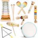 Baby Musical Instruments-Montessori Wooden Toys for Toddlers 1-3 Neutral Colors Percussion Instruments Set with Modern Boho Xylophone for Kids Preschool Educational,Includes Storage Bag