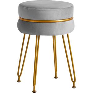 IBUYKE Modern Velvet Round Footstool Ottoman, Vanity Chair for Makeup Room, Vanity Stool Foot Rest with Gold Legs, Modern Accent Stools for Bedroom, Living Room, Entryway, Offices, Gray LG-40G (with decoration, Grey)