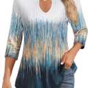 Uhiger Womens 3/4 Sleeve Tops Business Casual Blouses V Neck Pleated Shirts Peasant Tunic Tops Dressy Casual Work Outfits (S)