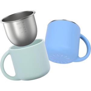 Bakpoco 2-IN-1 Open Toddler Cups, Stainless Steel Baby Cup + Silicone Training Cup for Toddlers Kids Babys, No Plastic | No Soap Smell | Shock-Proof Feeding Essentials, 2-Pack Blue/Sage