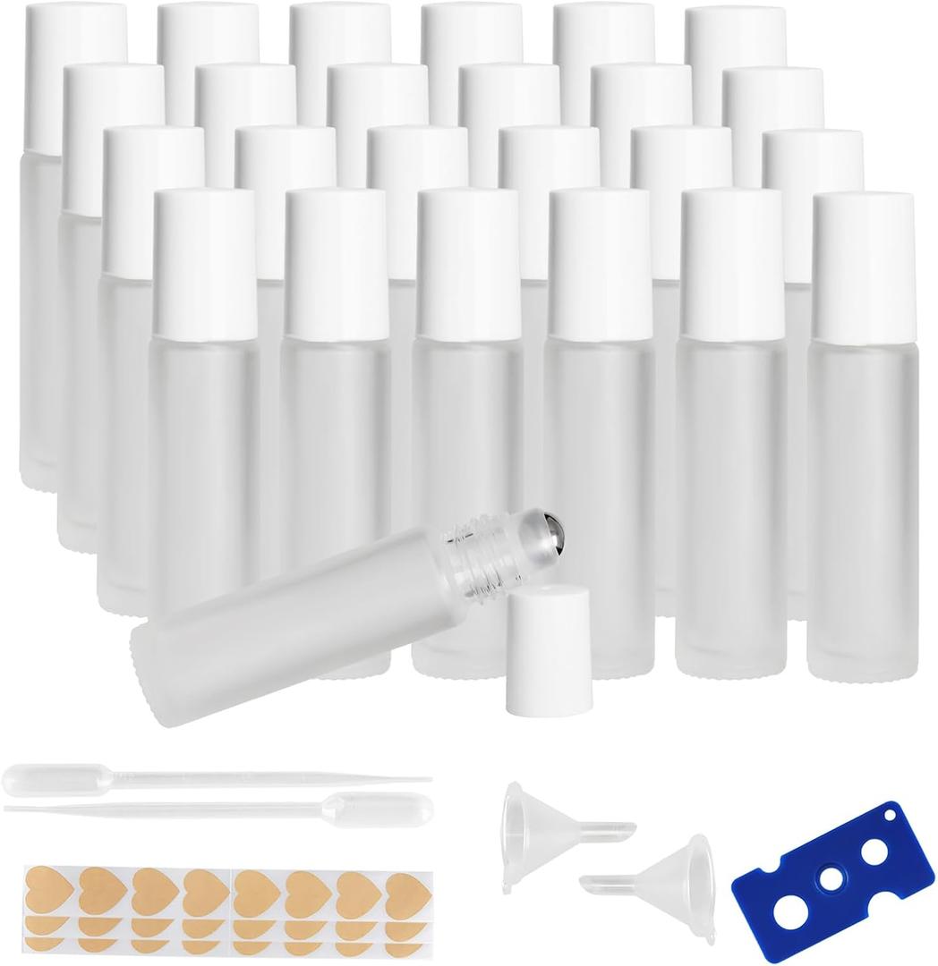 10ml Glass Essential Oil Roller Bottle, 24PCS Clear Frosted Essential Oil Roller Bottles with Stainless Steel Rollers - Refillable, Leak-Proof Design, Suitable for Travel and DIY Skincare Products.