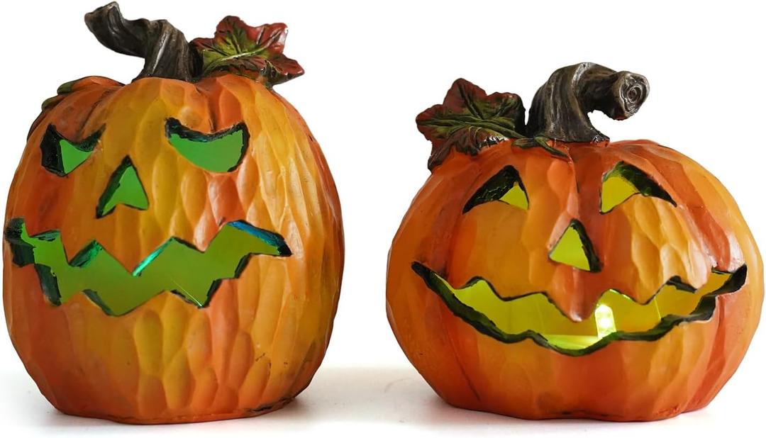 Hodao Halloween Pumpkin Decorations Set of 2, Hand-Painted Resin Jack-O-Lantern Figurines for Indoor Fall Decor, Tabletop Ornaments, for Creating Festive Atmosphere