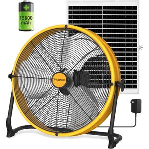 T-SUNUS 16" Solar Powered Fan with 25W Panel & 15600mAh Battery Operated Camping Floor Fan 2500 CFM, Quiet High Velocity Outdoor for RV, Garage, Greenhouse, Patio, Tent, Emergency Power Outage Cooling