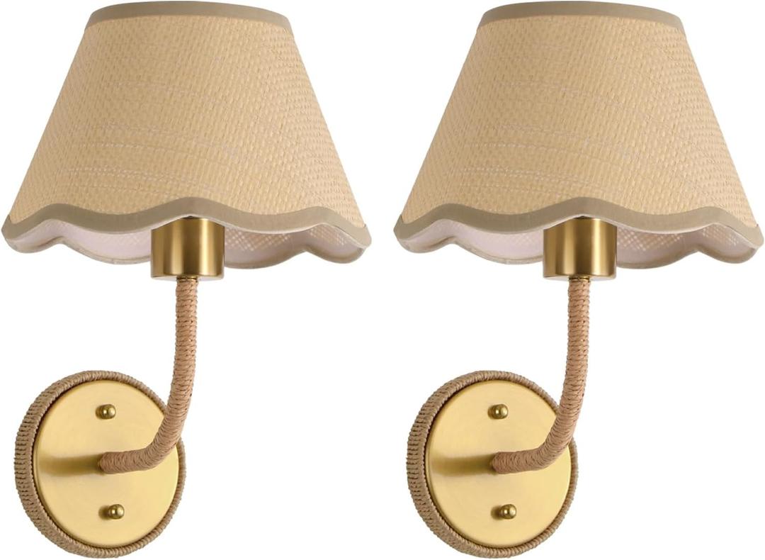Boho Rattan Wall Sconces Set of Two Gold Farmhouse Wall Lamp Rustic Brass Wall Mount Light Hardwired Wall Sconces Lighting for Bedroom Living Room Hallway Vanity, E26 Base, 2 Pack