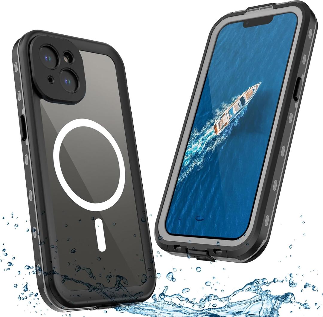 Full Body Case for iPhone 15 6.1 Inch,Waterproof DirtProof DropProof Snowproof Anti-Scratch Magnetic Clear Rugged Built-in Screen Protector Heavy Protect,Black-Gray