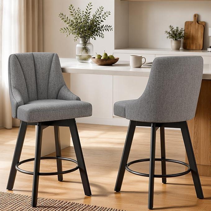 24" Counter Height Bar Stools Set of 2, Swivel Bar Stools with Backs, Fabric Upholstered Counter Barstools with Solid Wood Legs for Kitchen Island,Grey