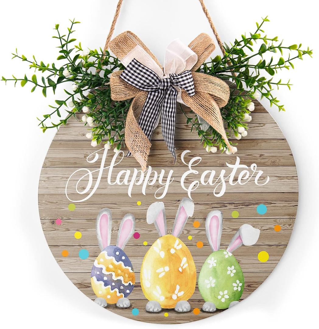 Happy Easter Wooden Hanging Sign Colorful Eggs Bunny Sign Door Decoration Rustic Easter Wood Wreath Sign for Spring Holiday Front Door Wall Rustic Farmhouse Porch Decor 12 x 12 Inch