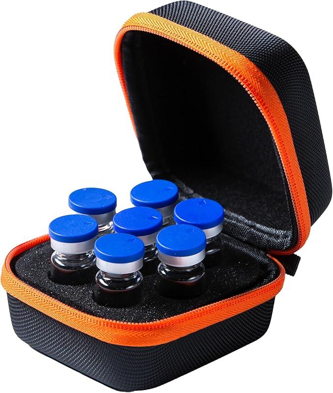 Insulin Peptide Vial Case for Fridge, with Logo and Hand Strap, Fits 5-10ml Vial, Not Fit Tall 10ml Vial, Orange Zipper and Black, 7 Vials Holder