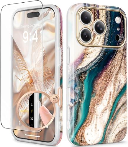 GVIEWIN for iPhone 17 Pro Case Compatible with MagSafe, with Screen Protector [Full Camera Protection] Military-Grade Shockproof Slim Magnetic Marble Phone Case for 17 Pro 6.3", Drift Sand/Gold