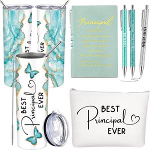 Domensi 6 Pcs Principal Appreciation Gift Set for Women Men Back to School Thank You Gift 20oz Rustic Butterfly Marble Sign Tumbler Makeup Bag Journal for School Principal Retirement(Green)