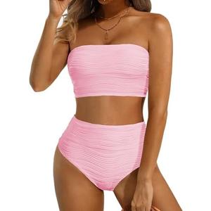 High Waisted Bandeau Bikini Set - Women Strapless Two Piece Swimsuits Ribbed Longline Full Coverage Bathing Suits Swimwear, L