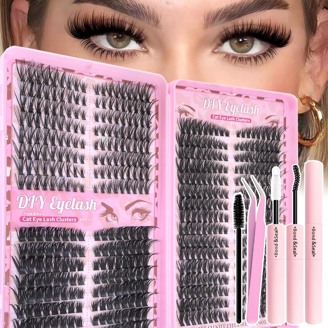 Lash Clusters Kit, 560 Pcs Eyelashes Clusters Kit 9-16mm Individual Volume Lash Extension Kit D Curl Fluffy Wispy False Eyelashes (40D+60D+80D New, With Bond & Seal Tweezers Brush)