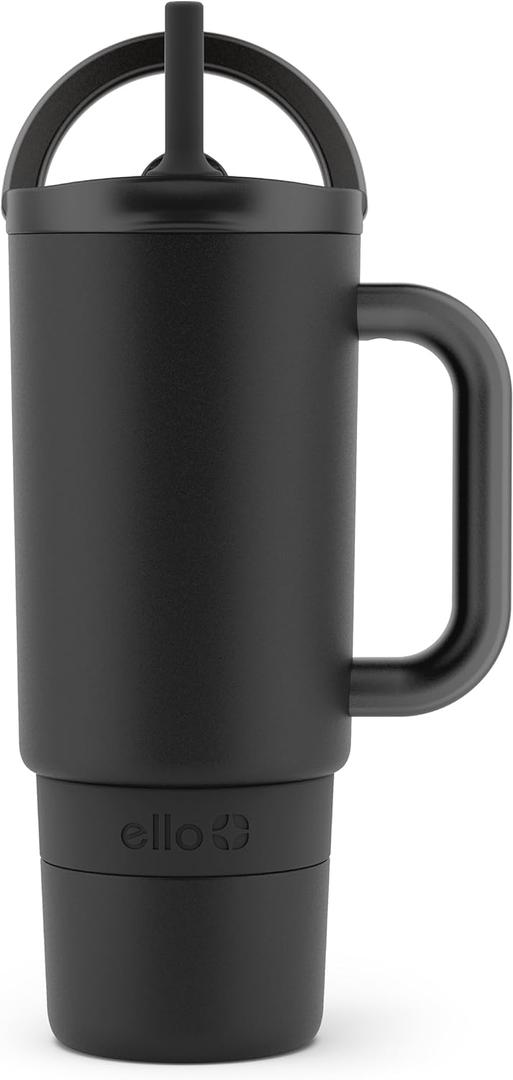 Ello Port 30oz Tumbler with Carry Loop & Integrated Handle | Vacuum Insulated Stainless Steel Reusable Water Bottle Travel Mug | Leak Proof Lid | Flexible Straw | BPA-Free | Dishwasher Safe | Black