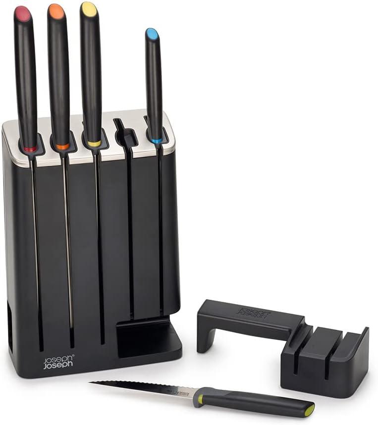 Joseph Joseph Elevate Knives SlimBlock Stainless Steel 7 Piece Kitchen Knife Block Set with ceramic sharpener – Black