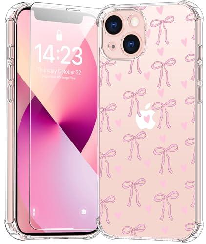 bicol for iPhone 13 Case with Screen Protector,Enhanced Camera Protection,Clear TPU Cover with Trendy Designs for Girls Women,Slim Fit Protective Phone Case,Pink Heart Ribbon Bow