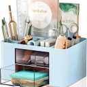 Pencil Pen Holder for Desk,2 Drawer Desk Organizers,5 Compartments Desktop Storage Stationery Supplies Organizer, Cute Pencil Cup Pot For Office, School, Home(Blue)